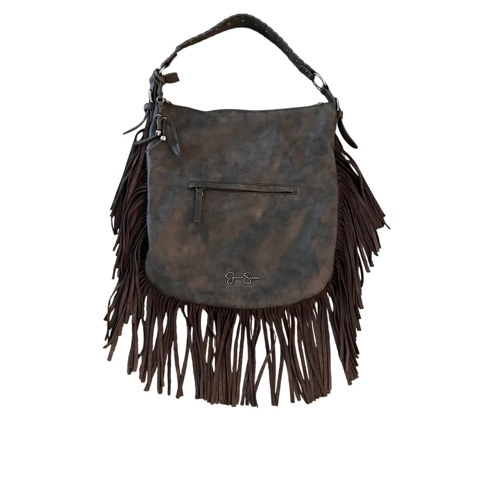 Jessica Simpson Brown Fringe Hobo Bag Studded Braided Strap Boho Western Purse